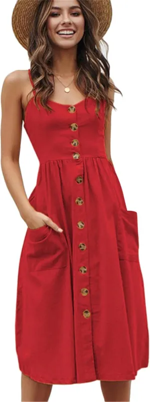 YMING Womens Summer Spaghetti Strap Dresses Button Down Floral Sundress High Waist Swing Midi Dress with Pockets